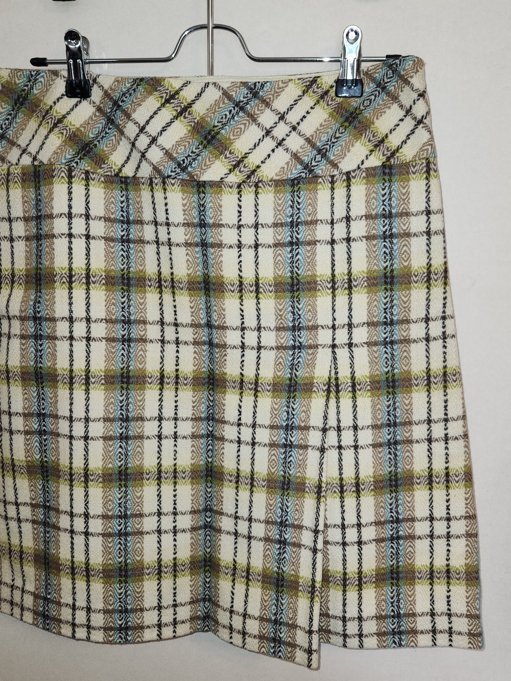 LOFT Cream Plaid A-Line Skirt with Blue and Olive Stripes